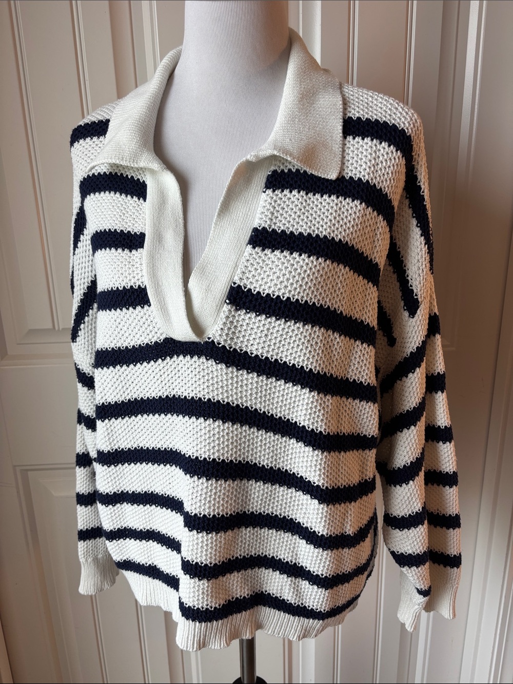 aerie Striped V-Neck Polo Sweater — White and Dark Navy Blue